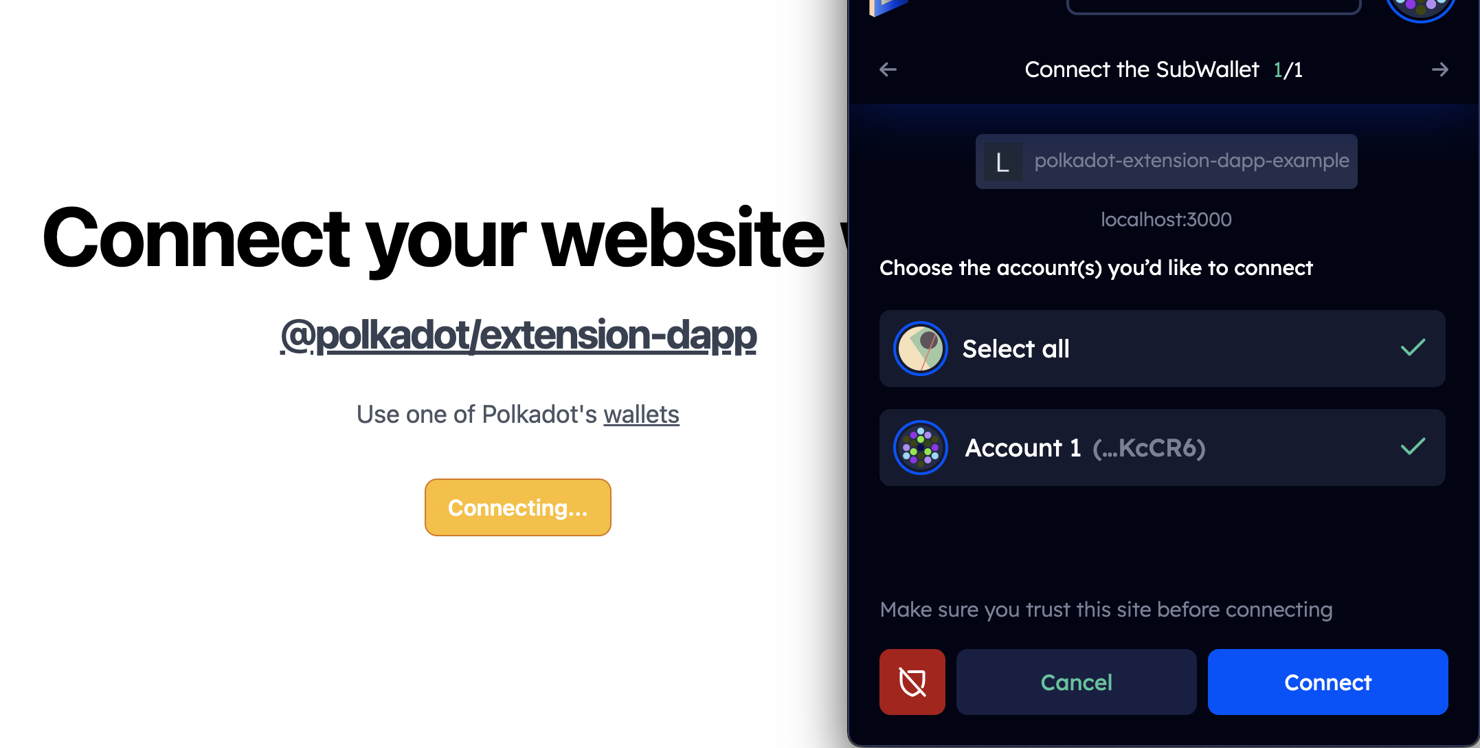 SubWallet connection approval dialog