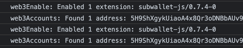 Browser console output from the Polkadot extension
