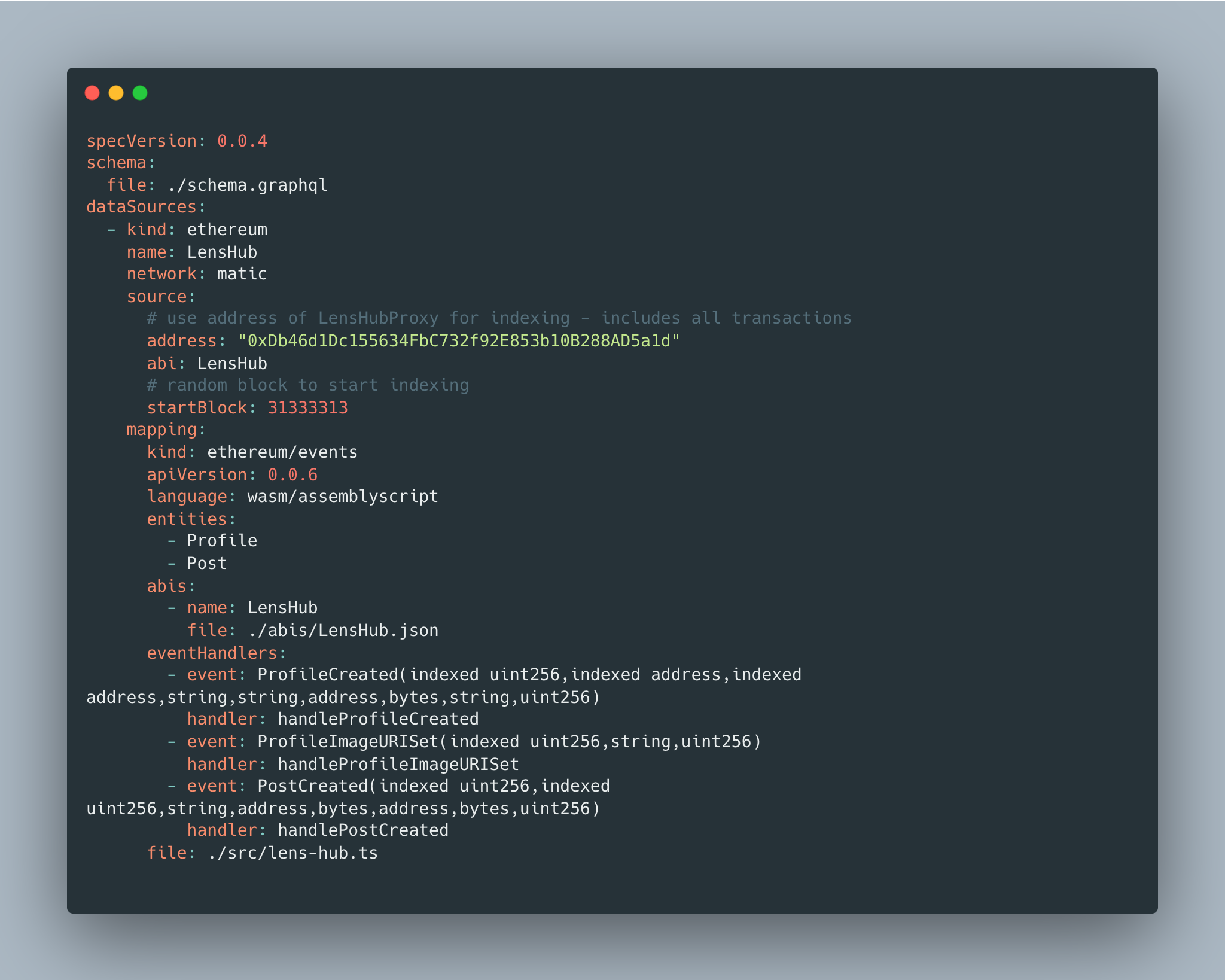 Lens subgraph manifest in subgraph.yaml