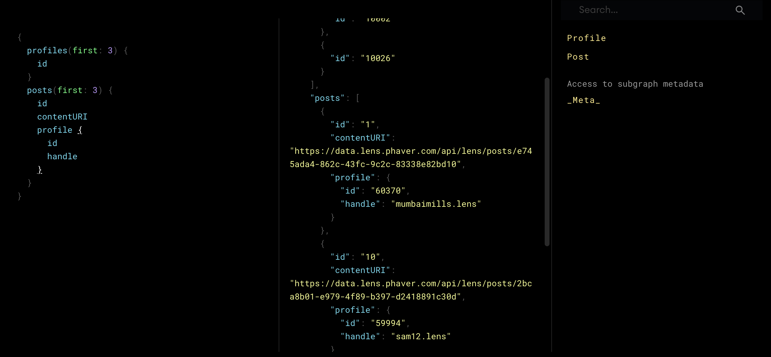 Graph Explorer query results for Lens profiles and posts