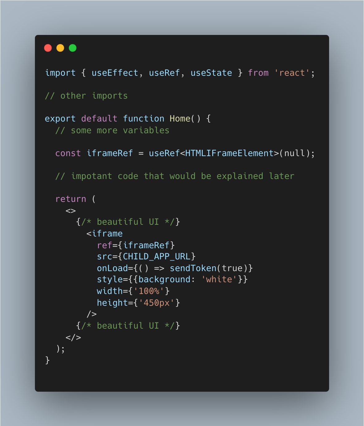 Parent React component rendering the child application in an iframe