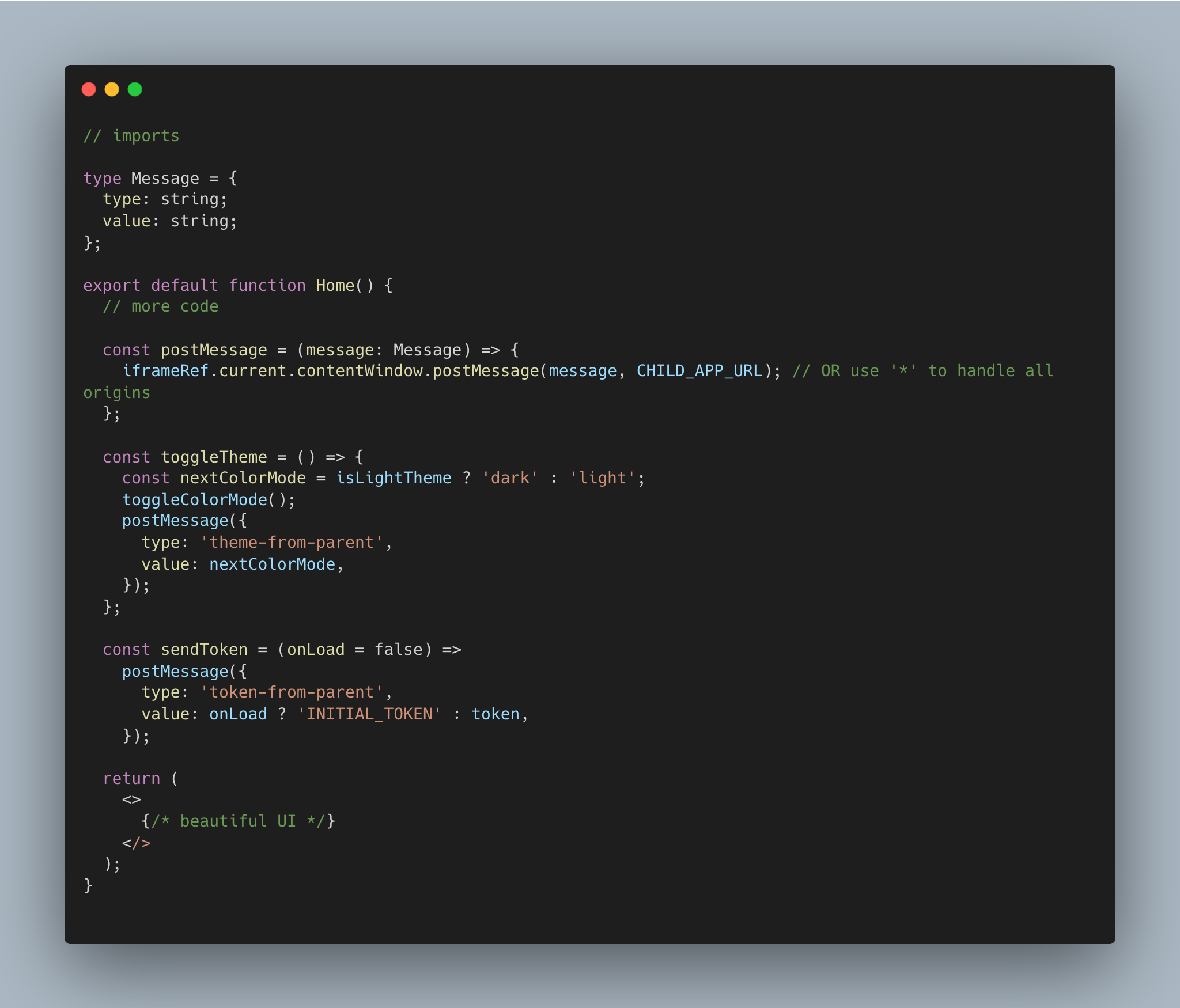 Parent application postMessage helper