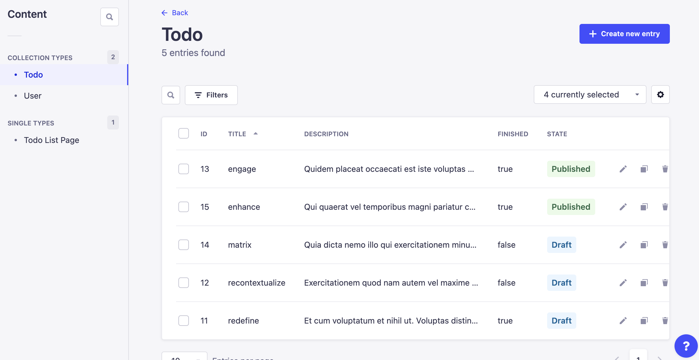 Generated todo entries in the Strapi admin panel