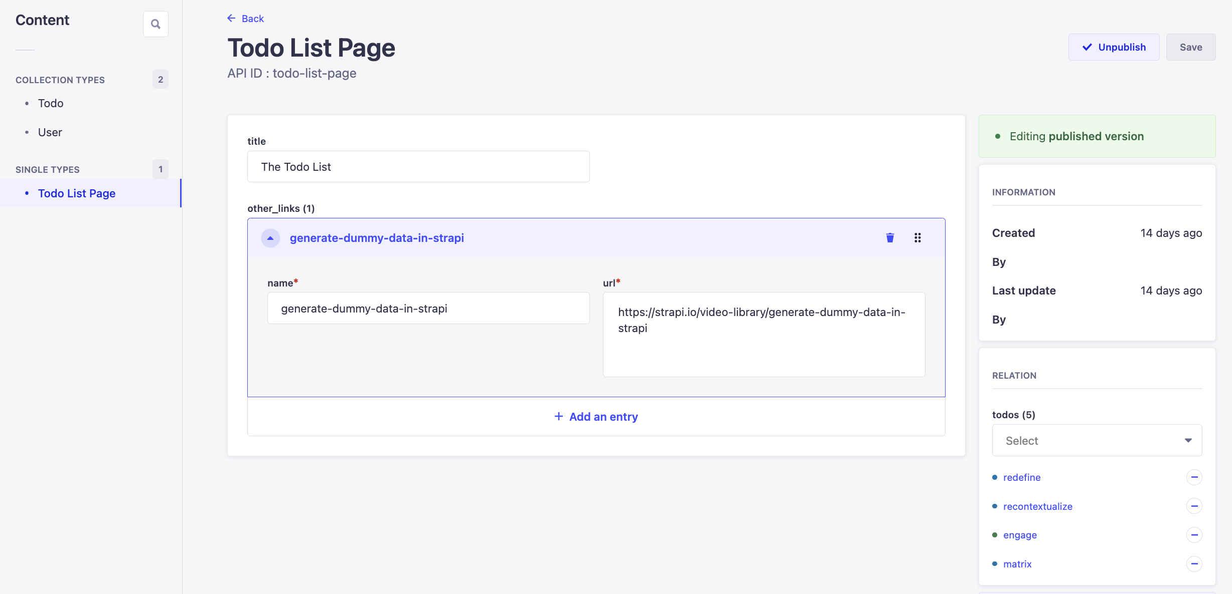 Generated Todo List page in the Strapi admin panel