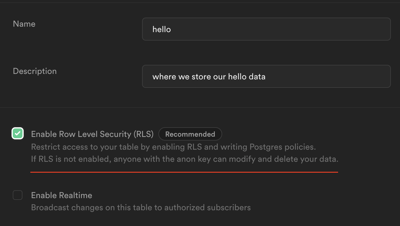Enabling row-level security when creating a Supabase table
