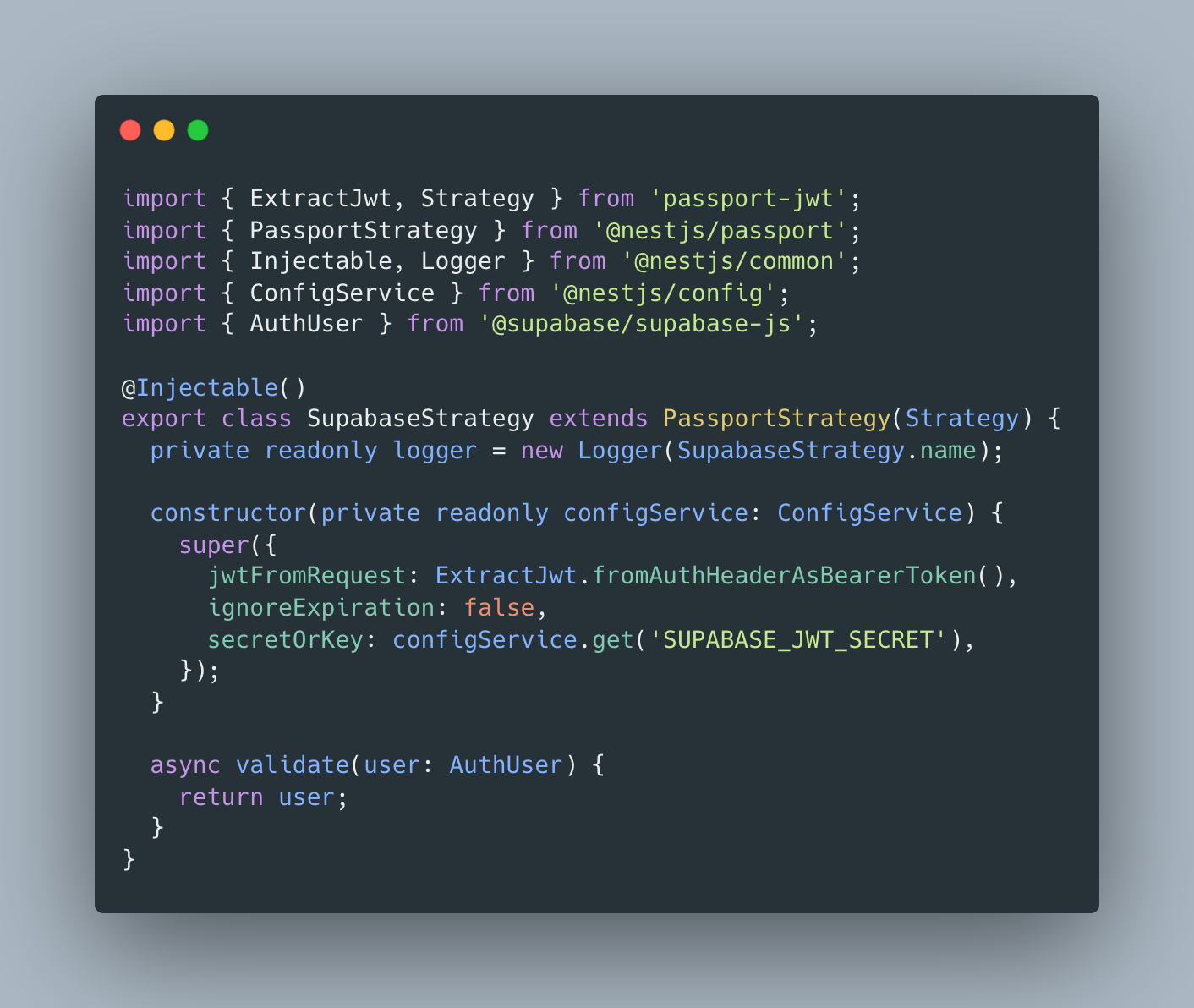 Passport JWT strategy configured with the Supabase JWT secret