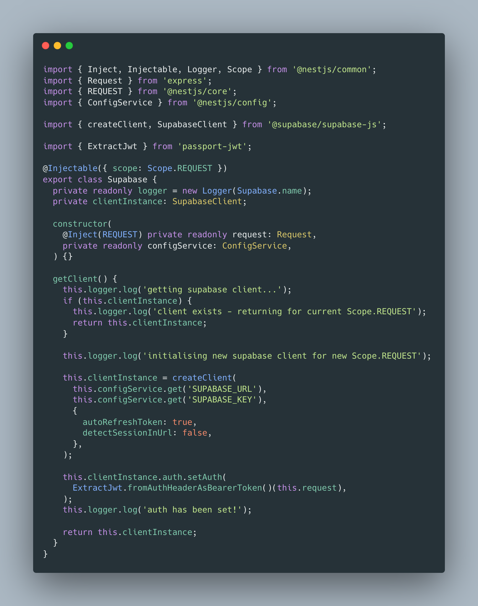 Request-scoped NestJS service that creates an authenticated Supabase client